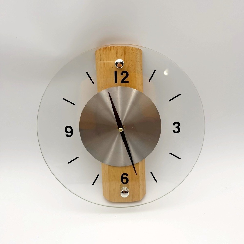Vintage Mid-Century Modern Style Wood Clear Glass Round Quartz Wall Clock 11"